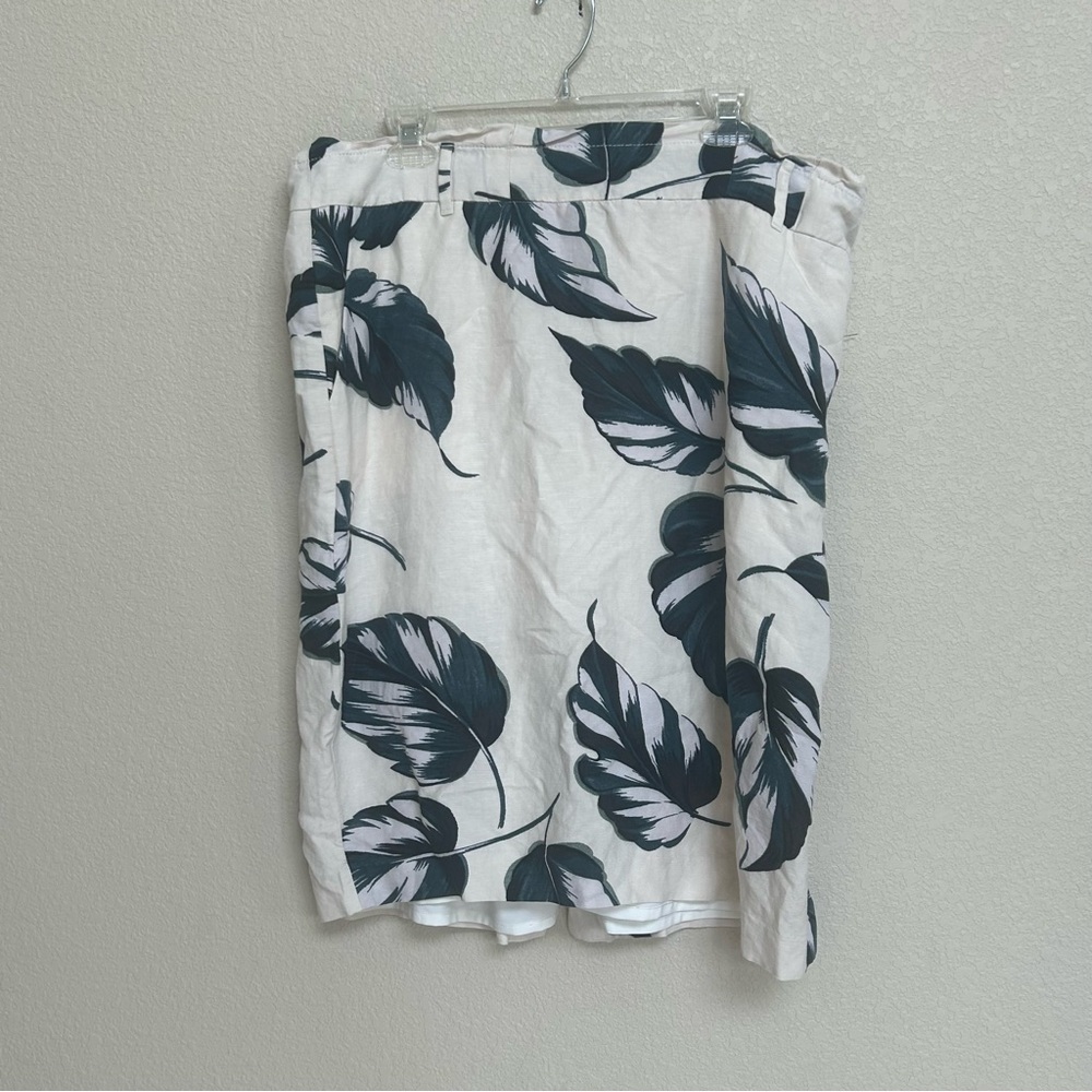 Ann Taylor Women's 18‎ Cream Linen Blend Midi Skirt Green Tropical Leaves Lined